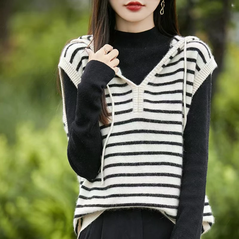高端100%羊毛衫马甲女春秋季条纹毛衣背心叠穿v领马夹连帽针织衫