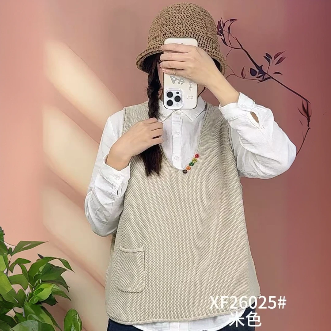 针织V领开衫马甲女2025年新款文艺纯色休闲百搭宽松百搭无袖马夹