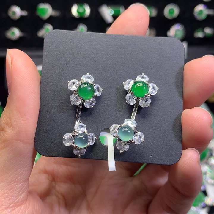 【闪购商品】翡翠耳饰银S925镶嵌天然翡翠