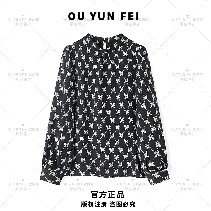【小天鹅】女式春秋款服装气质时尚休闲女士长袖满印衬衫H6123