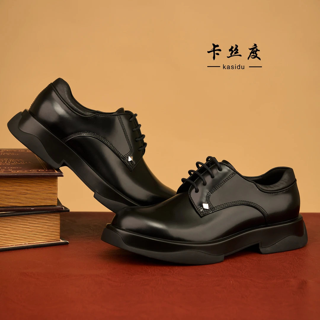 卡丝度新款男士商务休闲高端皮鞋厚底增高时尚百搭真皮软底软面
