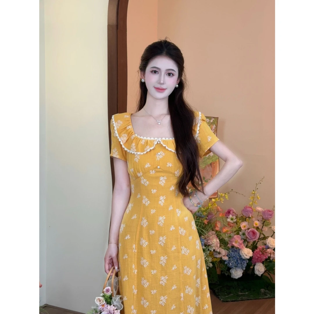 【向日葵】LiLi法式度假甜美风棉料黄色连衣裙XMZH7853