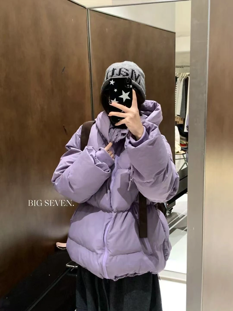 连帽宽松纯色百搭韩版大码棉服