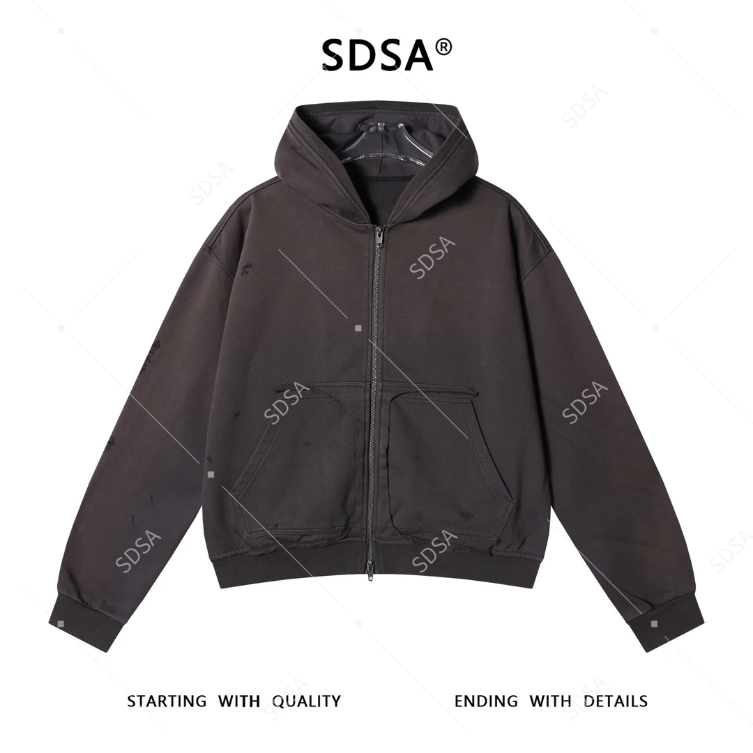 SDSA男士春秋新款痞帅男装破洞拉链连帽短款卫衣潮牌宽松开衫上衣