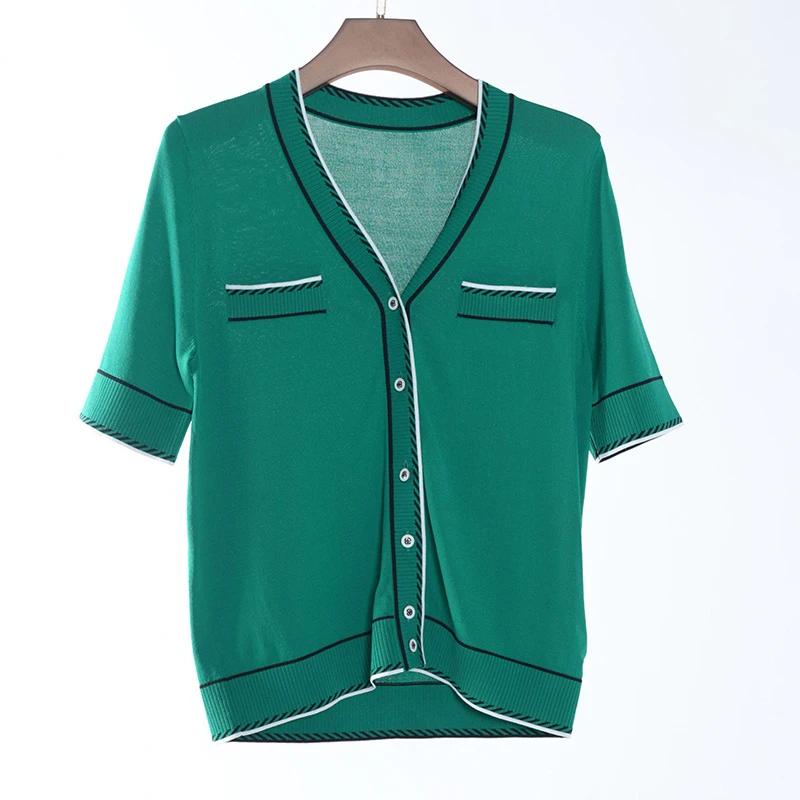 姚领yaoly拼色短袖针织开衫881F23823上衣