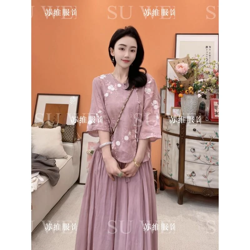 6688【紫运】纯苎麻刺绣茶服显瘦文艺清新盘口斜襟
