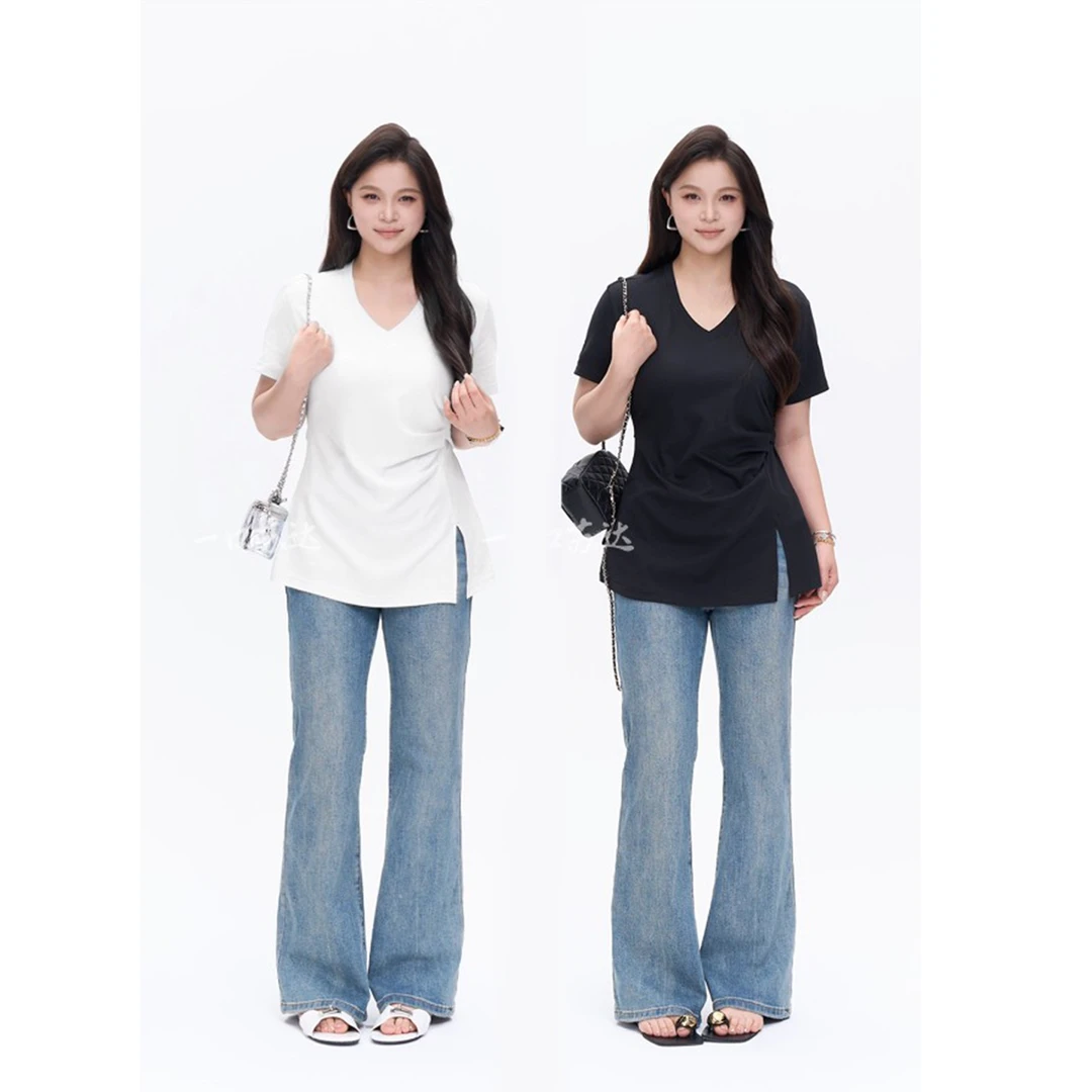 一口苏达沙漏腰 韩系ins慵懒风洋气女装显瘦百搭时尚弹力V领短袖