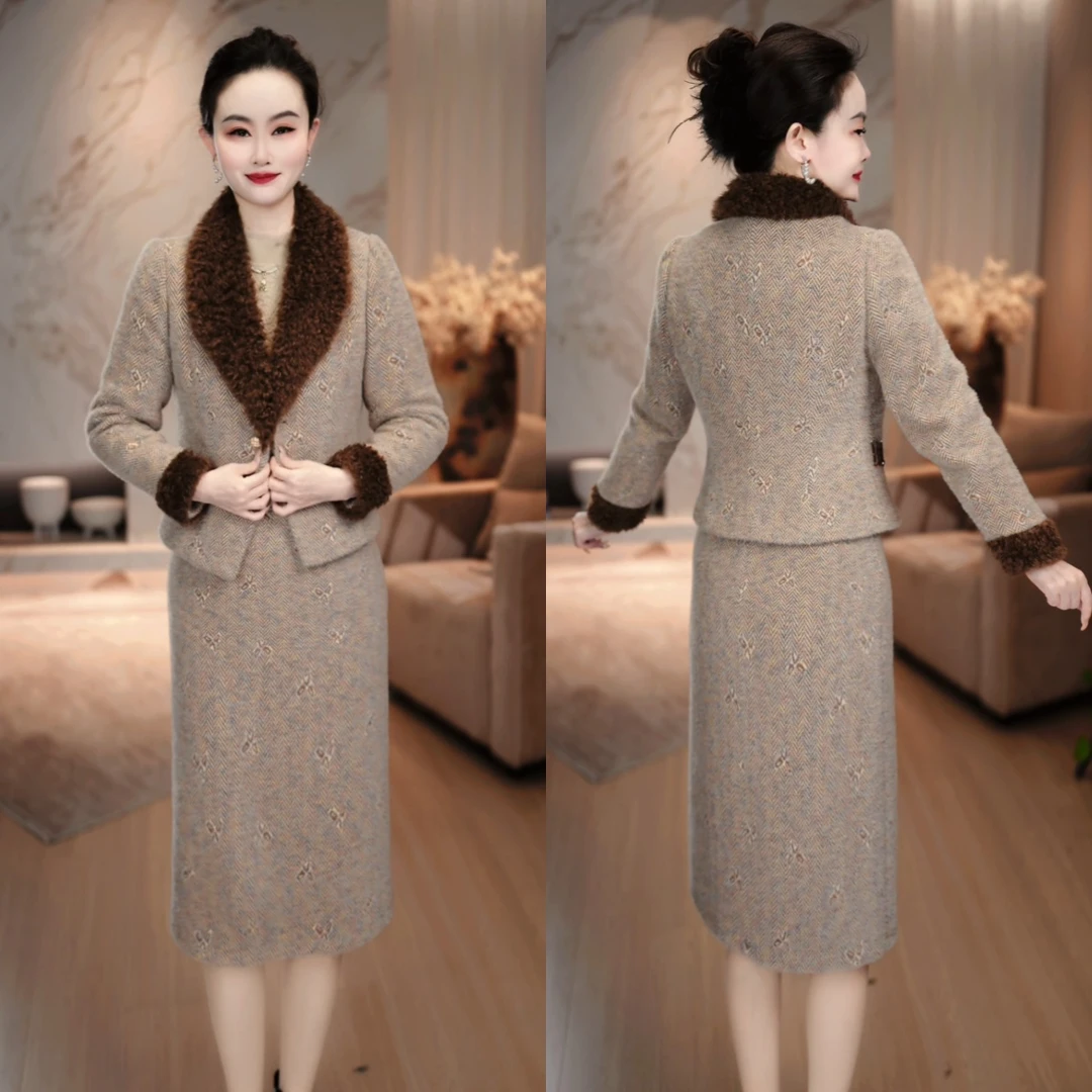 棉外套+连衣裙2025冬季新款加厚夹棉时尚优雅毛领保暖套装裙M-5XL