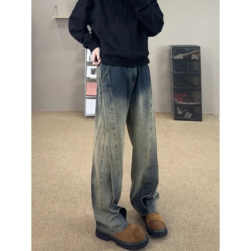 cleanfit复古蓝牛仔裤男款痞帅美式显瘦弯刀裤子宽松直筒微喇长裤