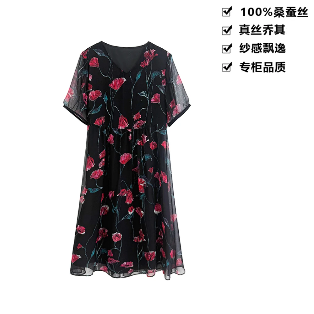 100桑蚕丝连衣裙真丝乔其经典花韵印花桑蚕丝连衣裙LYQB02