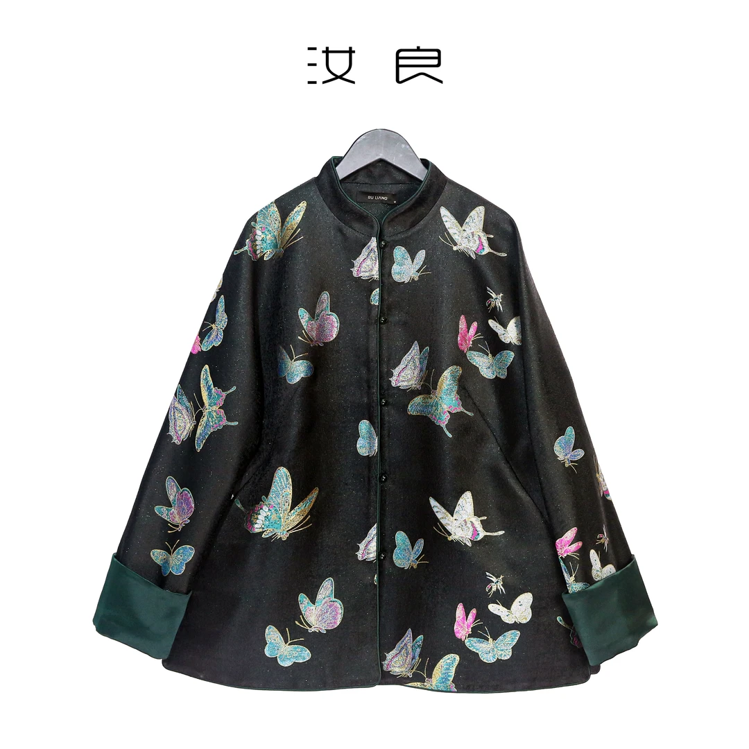 蝴蝶花立领珠扣上衣