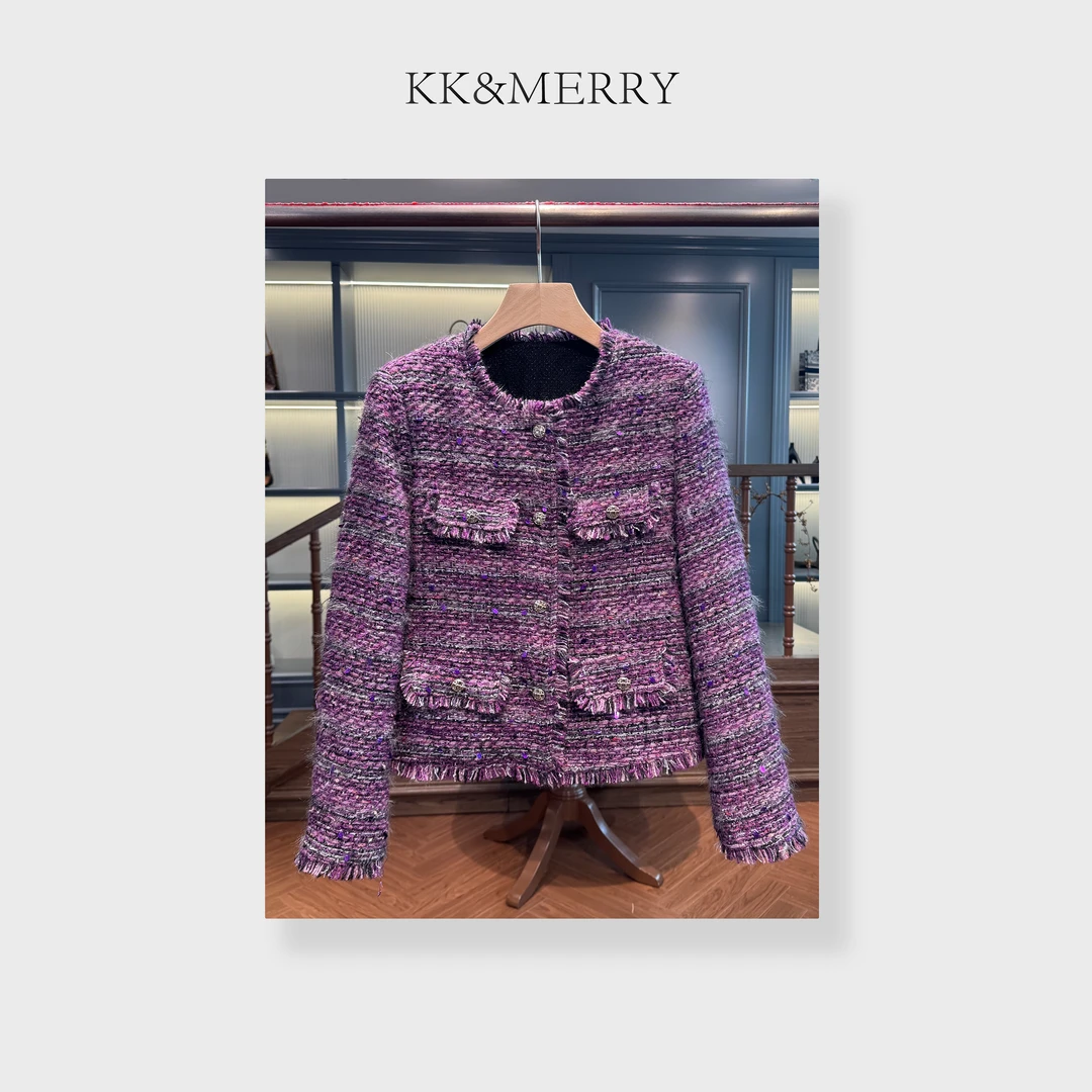 KK&MERRY时尚百搭圆领拉毛流苏羽绒小香风短款外套KKSC0126