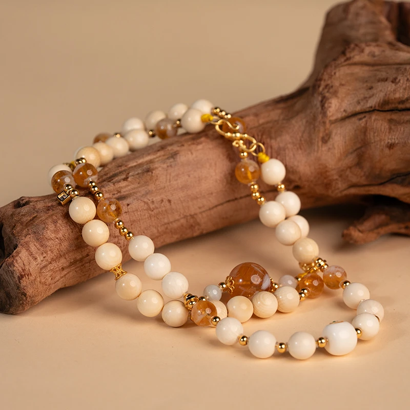 “晨曦”天然猛犸牙原创设计款圆珠项链