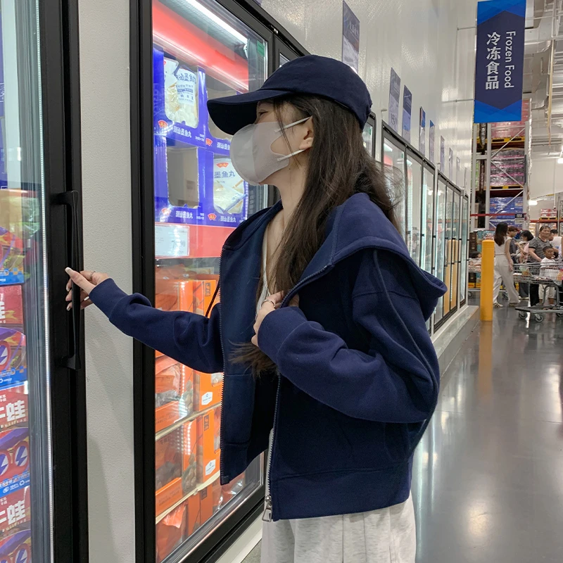 短款开衫连帽卫衣女2025秋冬小个子爆款藏青色拉链休闲加绒厚外套