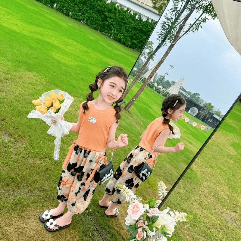 女童套装2025新款韩版薄款夏装背心防蚊裤女孩休闲两件套8888