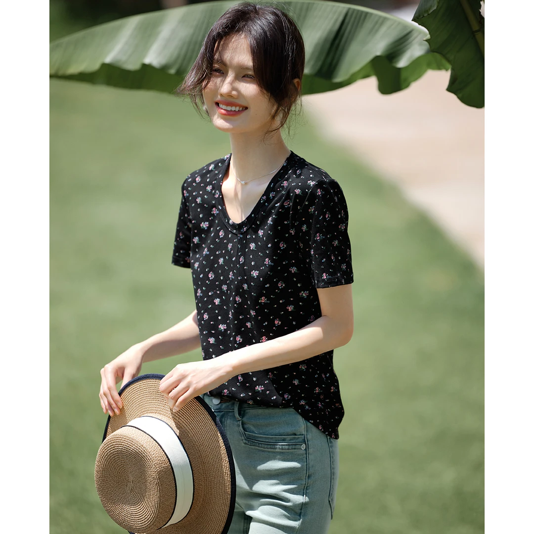XWI/欣未【优雅浪漫百搭T】2025夏优雅百搭浪漫粉色碎花t恤9360