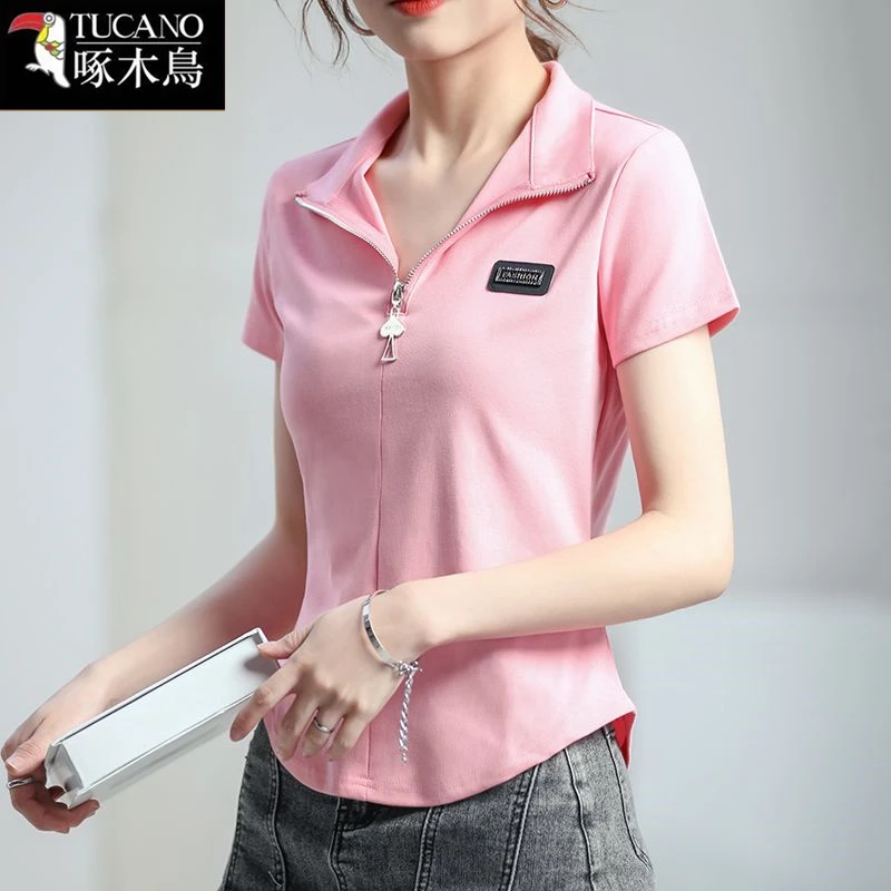 啄木鸟正品夏季短袖拼接T恤女2025年新款洋气运动翻领上衣ins