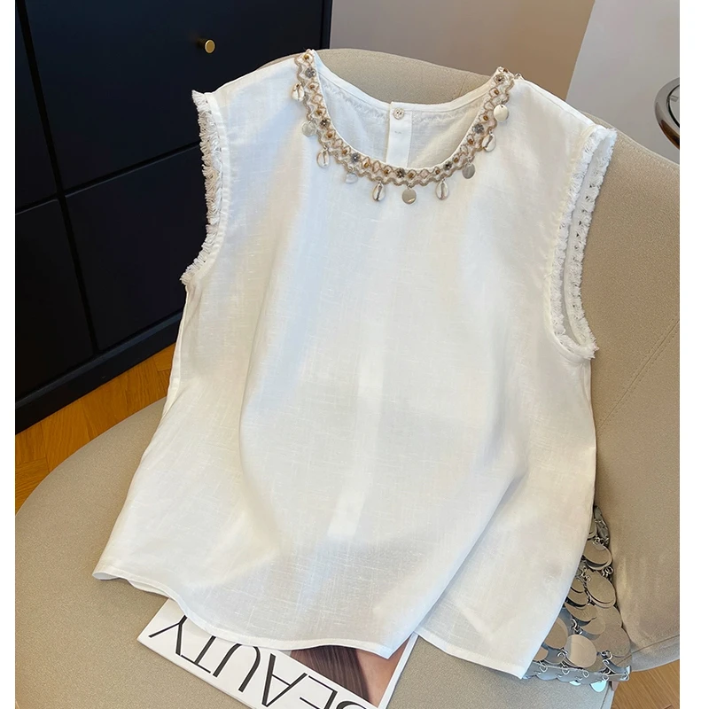 波西米亚风无袖2025夏季新品时尚洋气宽松显瘦贝壳圆领衬衫上衣女