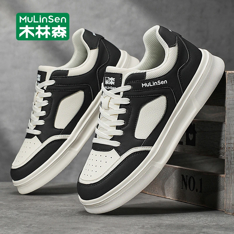 木林森小白鞋男秋季2025新款系带男鞋工作鞋百搭轻便运动休闲板鞋