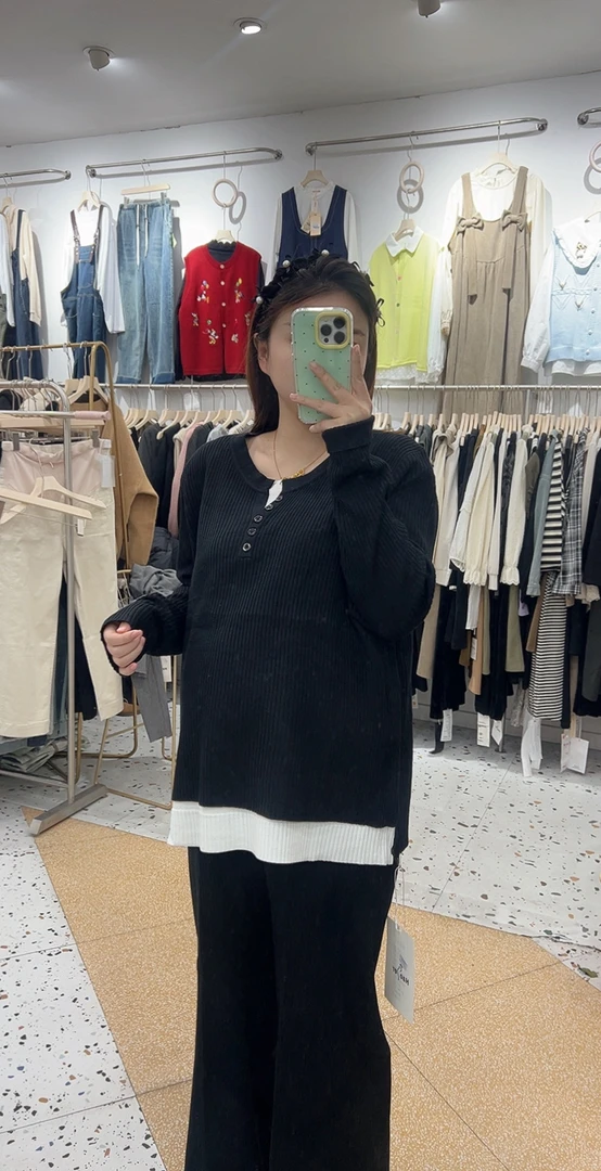【真爱妈咪】高品质孕妇春款针织假两件产后显瘦套装