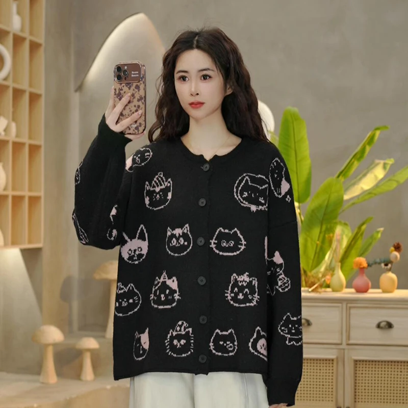 5142 冬季新款气质宽松时尚小猫提花长袖开衫慵懒风圆领百搭毛衣