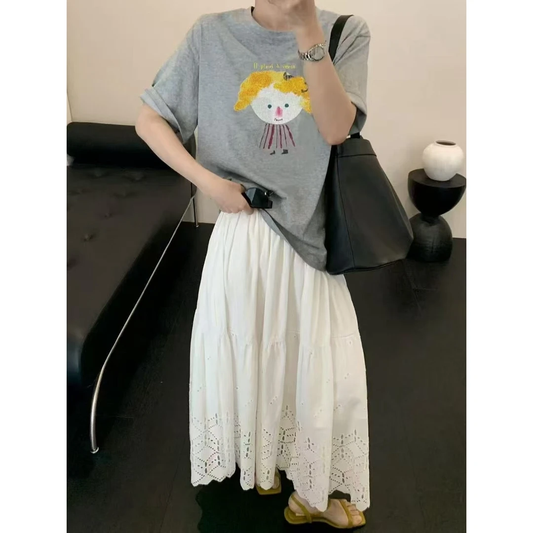 清 YHS 90987 欧货夏款时尚百搭圆领卡通女孩印花短袖T恤女棉上衣