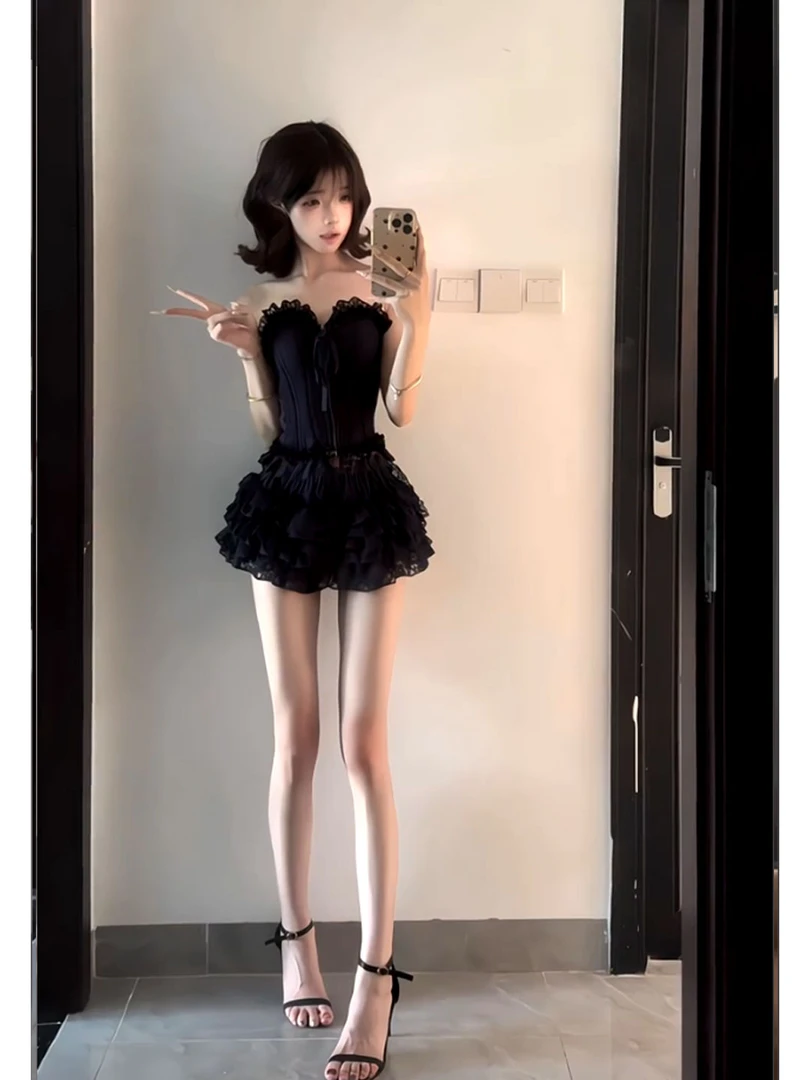 甜辣性感气质辣妹小众纯欲抹胸上衣高腰蛋糕裙两件套女装秋季新款