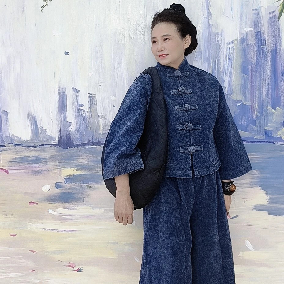 黄姐私人订制自留款 中式盘扣时尚休闲宽松大码加厚加绒牛仔套装