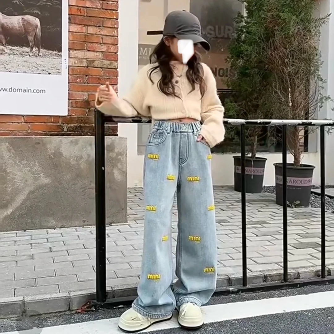 【加绒】女冬季牛仔裤中大童刺绣中童百搭阔腿牛仔裤DK1228