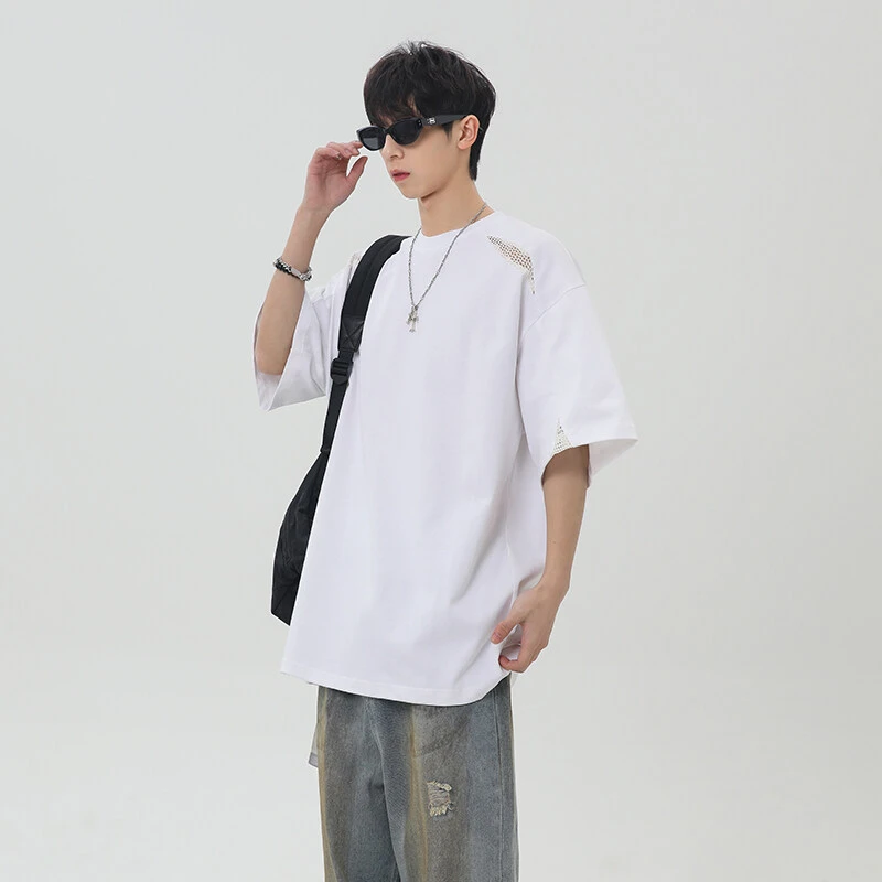网眼拼接短袖T恤男夏季美式潮牌潮流宽松青少年设计感宽松半袖衫