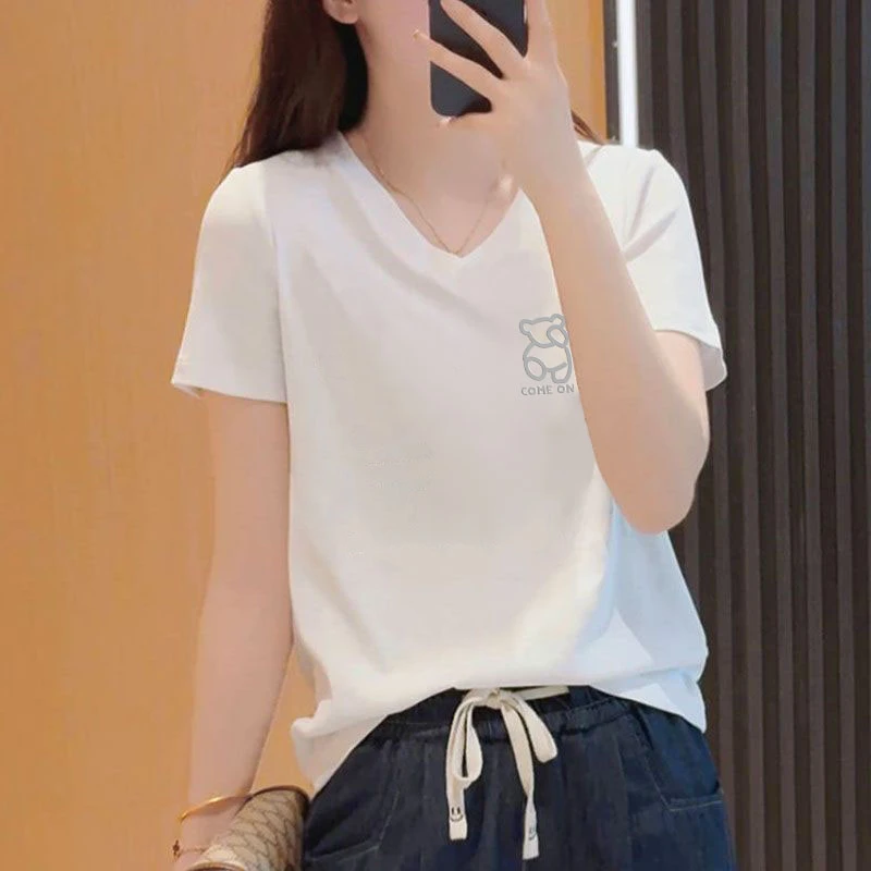 2025新款纯棉V领短袖T恤女士夏装时尚洋气减龄遮肚显瘦百搭上衣服