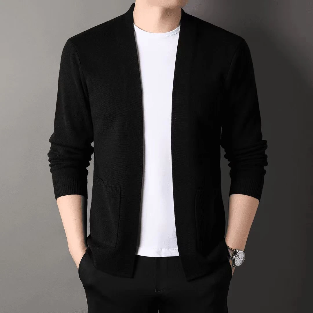 轻奢纯色针织开衫男士外套春秋新款时尚V领针织衫毛衣男韩版修身