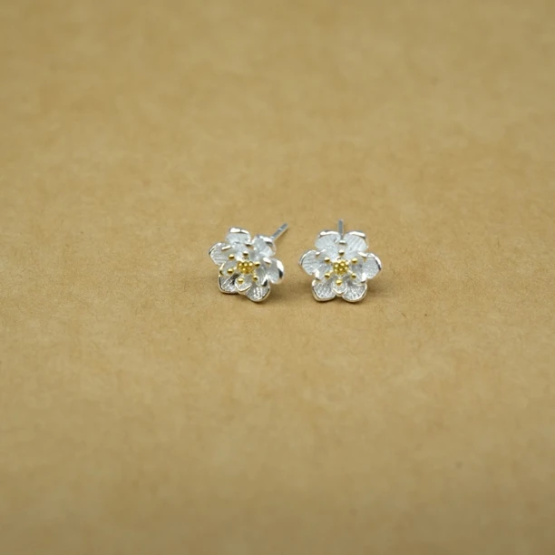 足银耳饰 足银转运莲花直钩耳钉抹金轻奢百搭气质