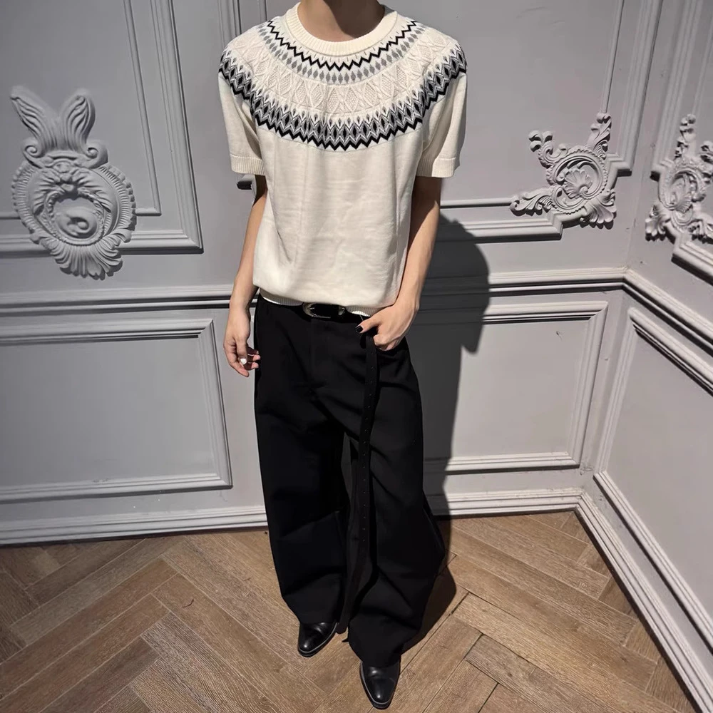 DOUBLE KEY费尔岛针织羊毛混纺短袖冰爽丝圆领舒适透气插肩袖短袖