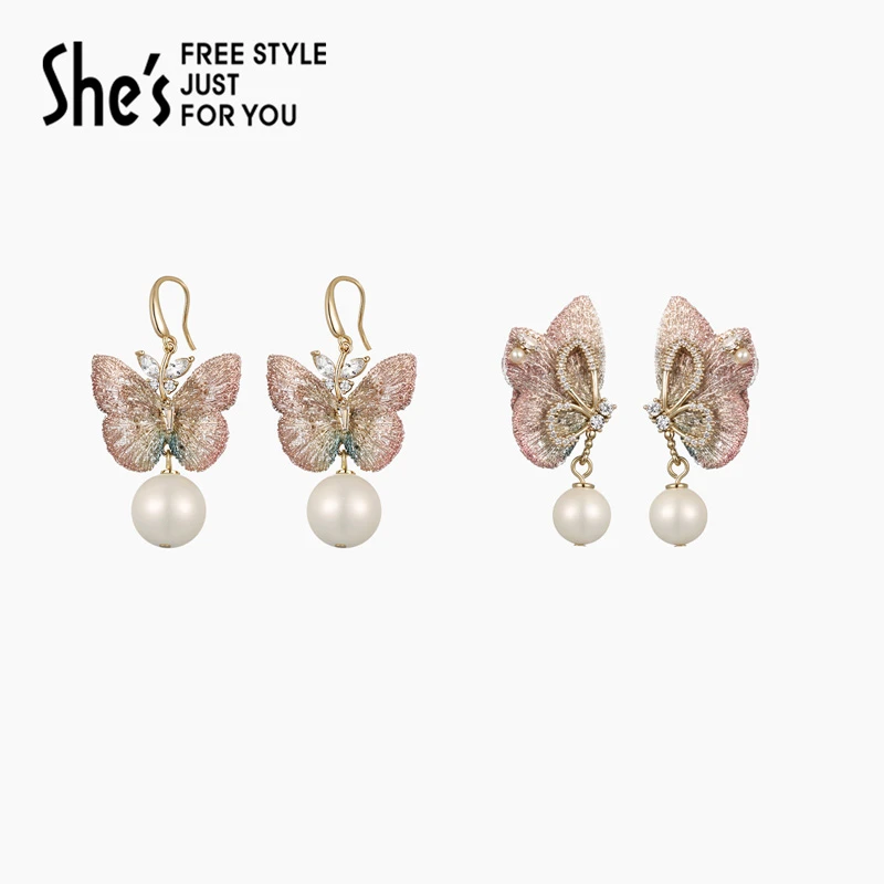 shes自然复刻轻奢原创刺绣蝴蝶工艺耳环高级感925银针耳饰女