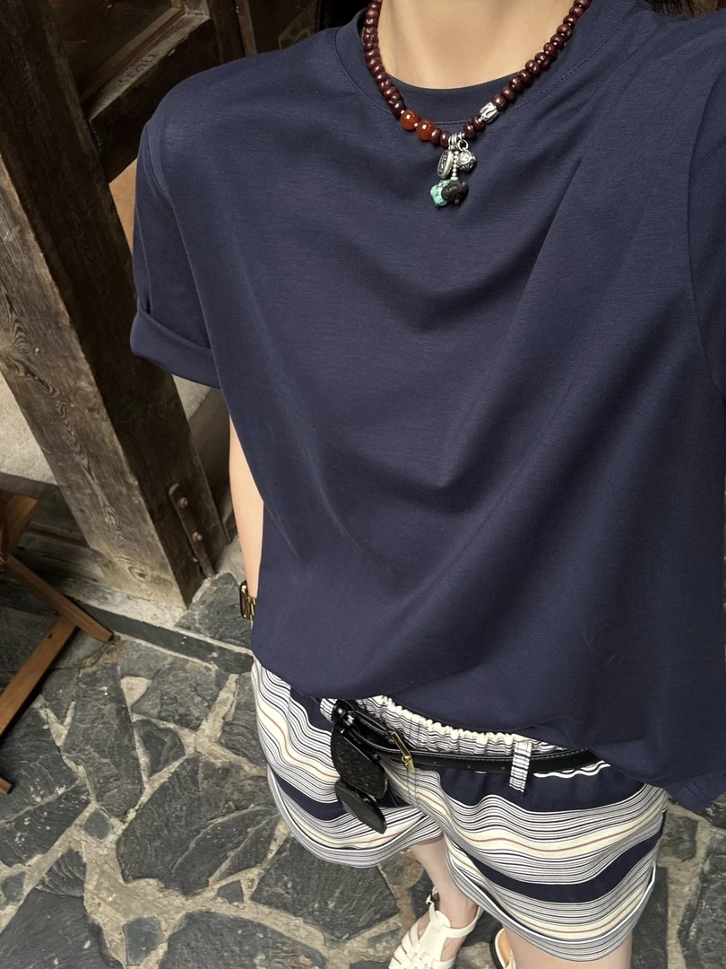 VVHYME | 藏蓝色高级感小圆领短袖T恤