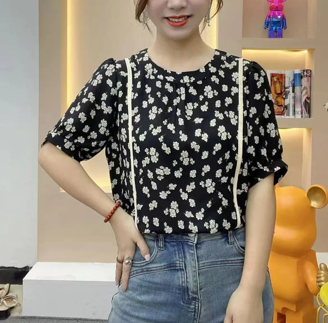 2307#碎花短袖衬衣上衣女气质时尚百搭显瘦遮肚夏季新款