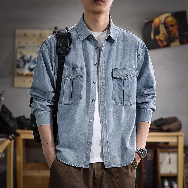 浅蓝色工装牛仔衬衫男春季高端复古宽松大码痞帅翻领休闲衬衣外套