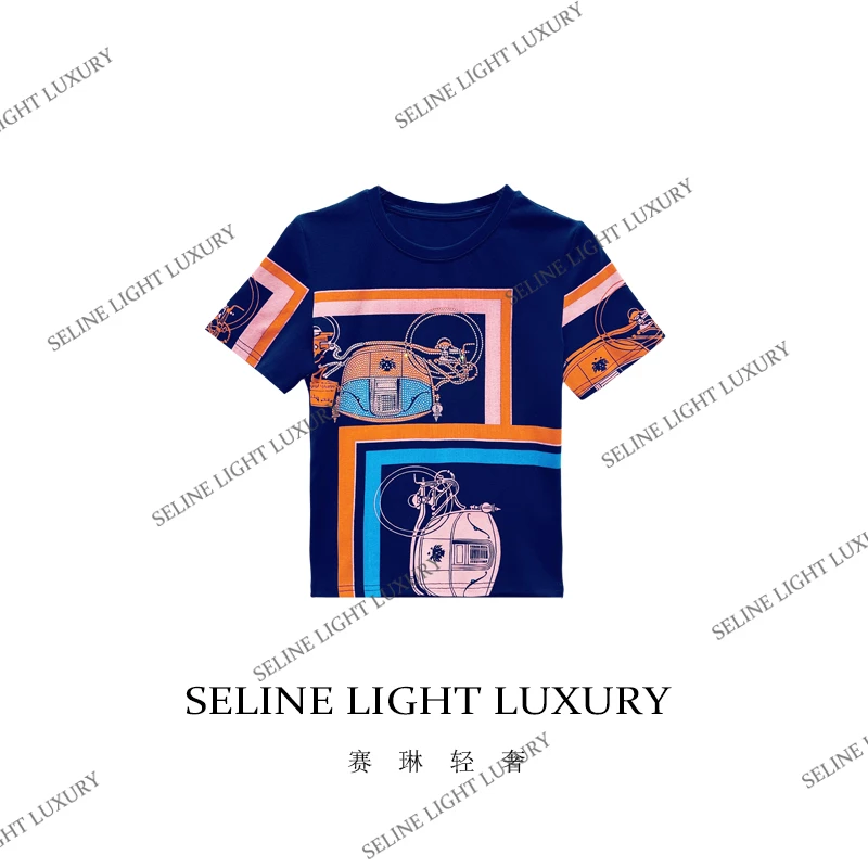 【25C-086】2025 SELINE 原创简约条纹印花时尚轻奢百搭圆领短袖T恤