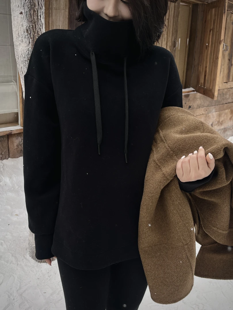 ChaxRmto斯斯2025秋冬挺阔微开叉加厚中长款高领抽绳卫衣TX1163