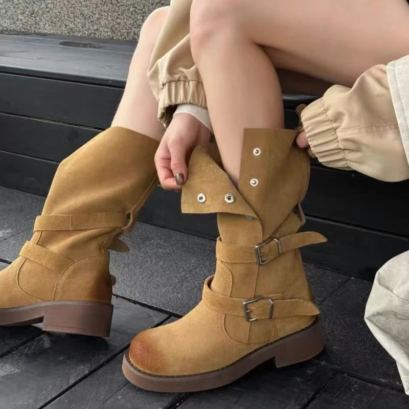 小众复古西部时装靴女秋季做旧擦色英伦厚底中筒骑士靴8002
