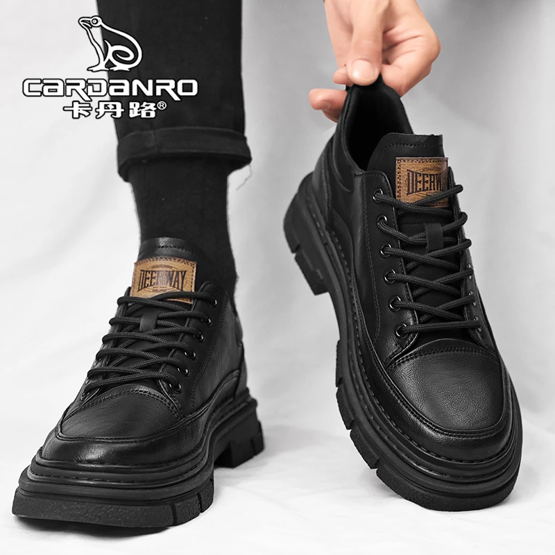 意大利卡丹路男鞋冬季复古英伦风黑色休闲皮鞋男士真皮低帮马丁靴