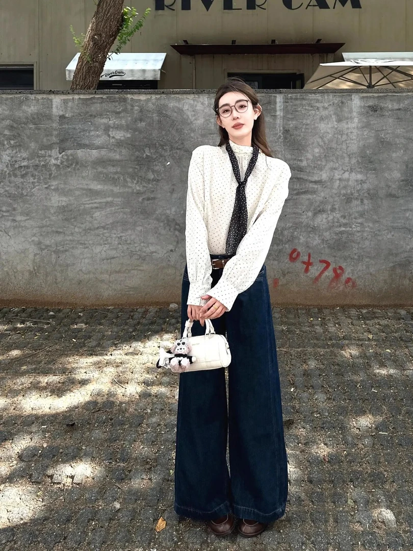 2025秋季新款韩系通勤穿搭长袖波点衬衫上衣高腰牛仔阔腿裤两件套