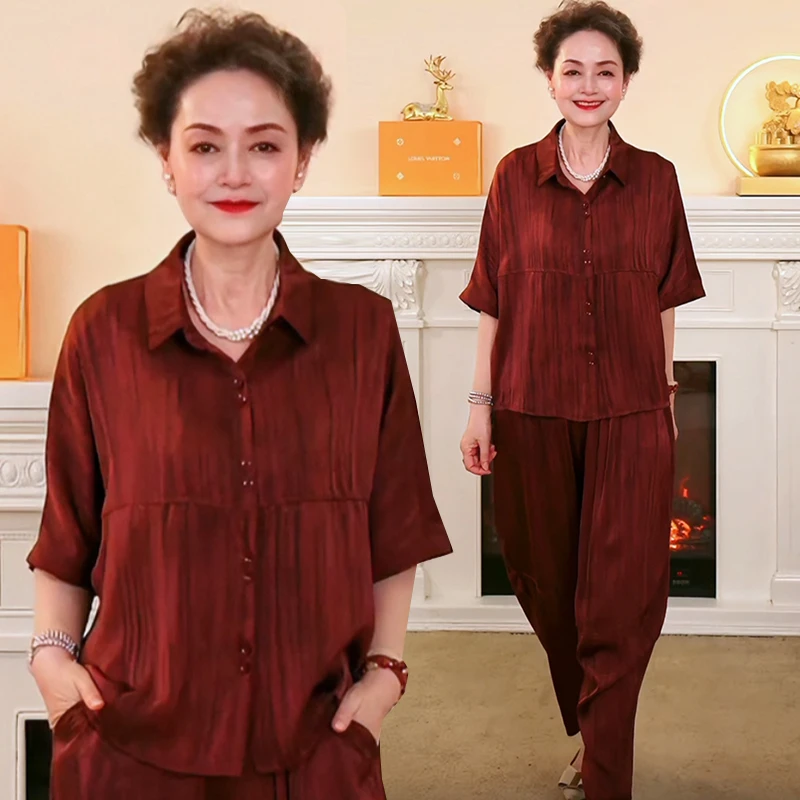 夏季新款缎面时尚洋气开衫女士套装气质减龄显瘦薄款两件套遮肚