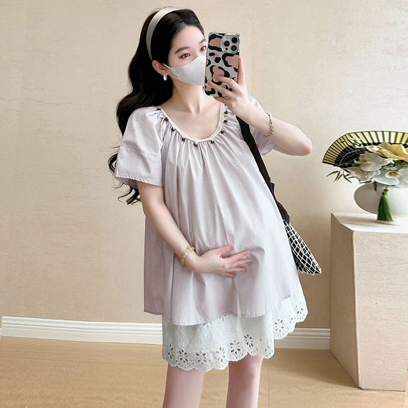 【伊伊】孕妇装2025夏季新款时尚外穿韩版宽松手工编织钉珠衬衫