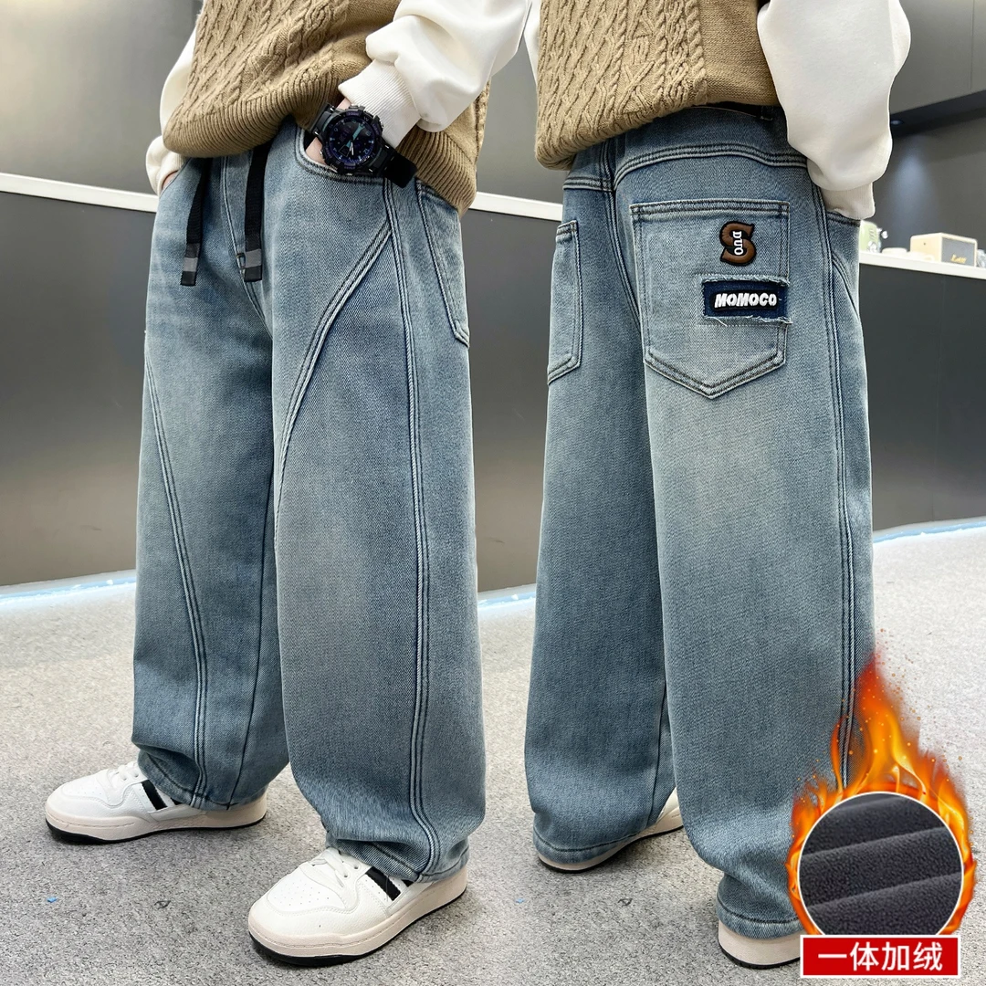 男童加绒裤子冬季新款洋气中大童弹力男孩牛仔裤儿童潮酷直筒裤