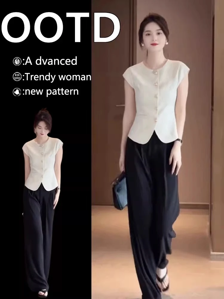 干练气质女装时尚洋气显瘦小香风白色马甲阔腿裤职业套装2025夏季