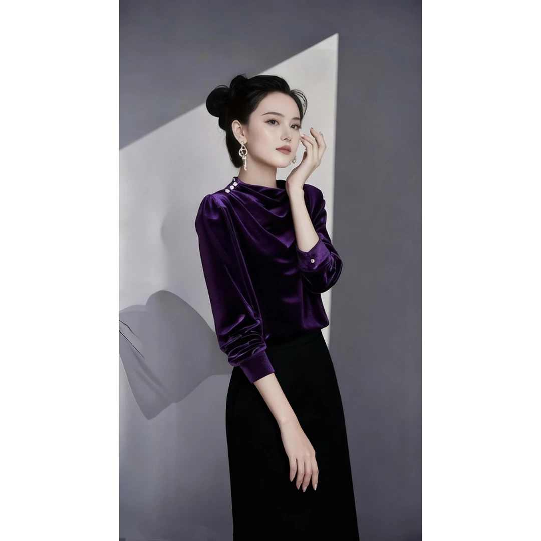 SS2965灯芯绒珍珠褶皱质感设计冬新品时尚气质复古女式打底衫洋气