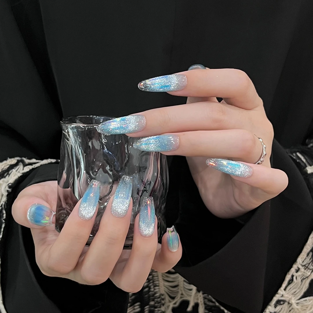 「S2018火蓝刀锋」琉璃腮蓝爆闪烟花猫眼纯手工穿戴甲 18种甲型定制