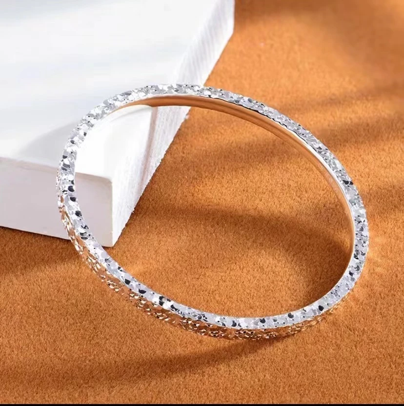 足银手镯 足银999.9 手镯(7)闭口碎冰冰银简约气质实心百搭亮经典